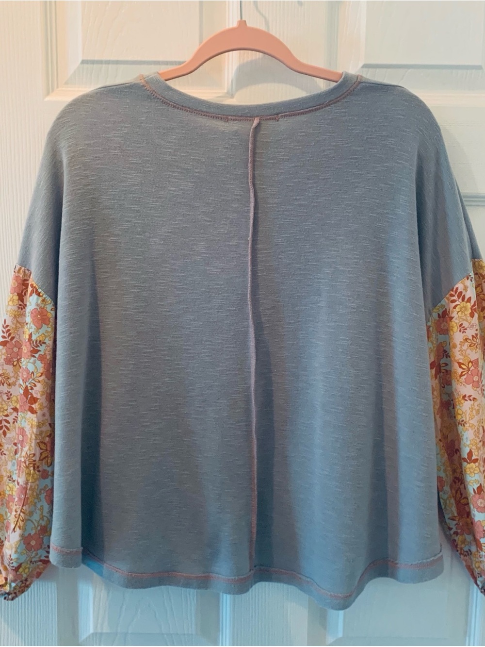Oversized Light Blue Top with Floral Sleeves • Size Small - Picture 5 of 12